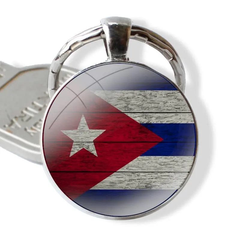 Keychain Handmade Glass Cabochon Key Ring Holder Pendant Key Chains Cartoon Creative Fashion Design Cuban Cuba Flag