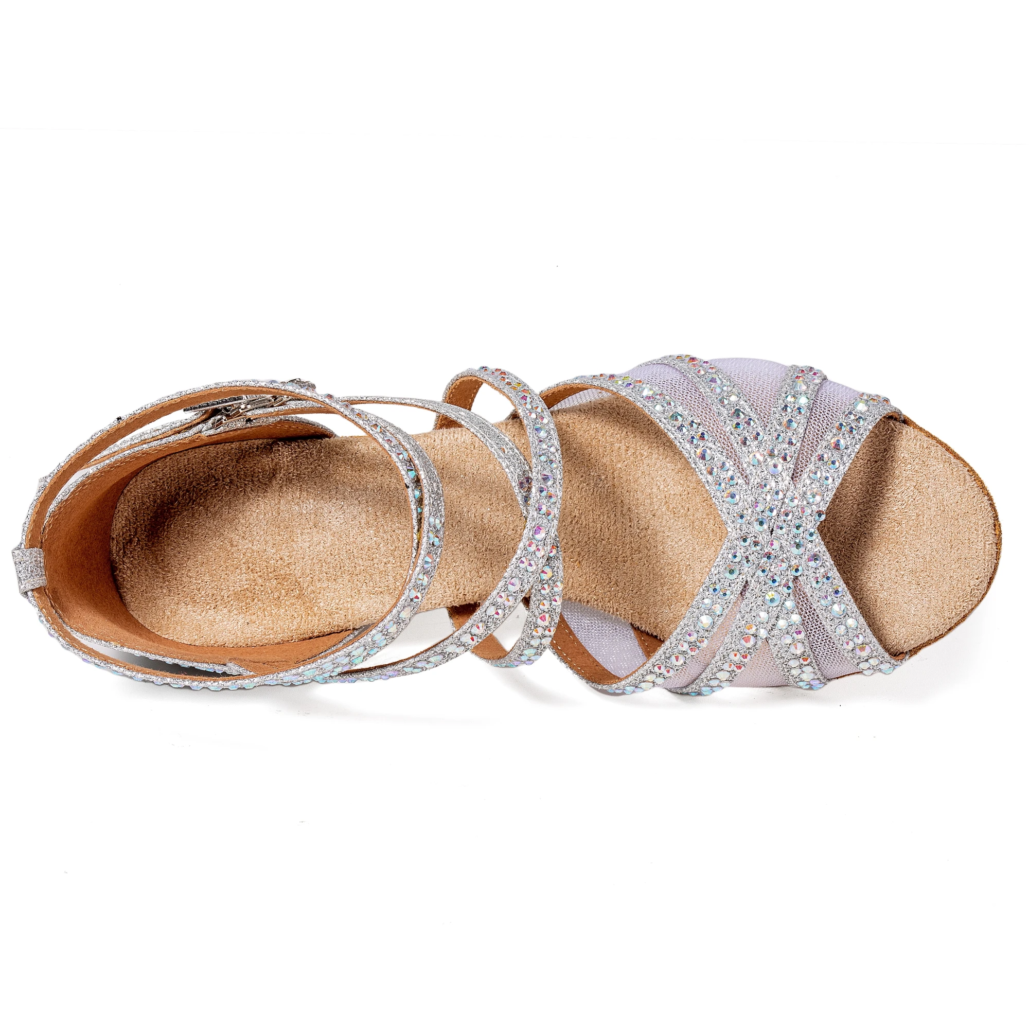 大人の女性のための新しいラテンダンスシューズ、5.5cmヒールシルバーグリッター4ストラップメッシュ象嵌ダイヤモンドダンスシューズ、夏ソフトS