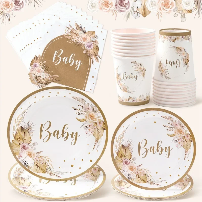 8Guests Bohemian Style Babyshower Disposable Tableware Flower Boho Oh Baby Party DIY Christening & Baptism Party Baby Shower Fav