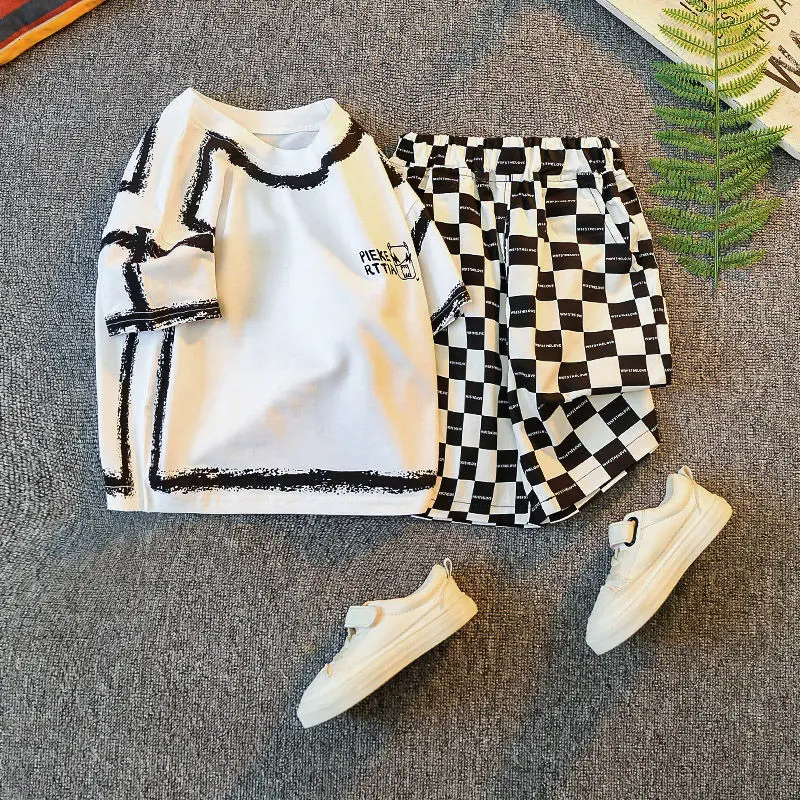 

Boys Clothing Summer 2023 New Children's Short Sleeve Round Neck Fashion Casual Cartoon Pattern Loose Cotton Two Piece Sets