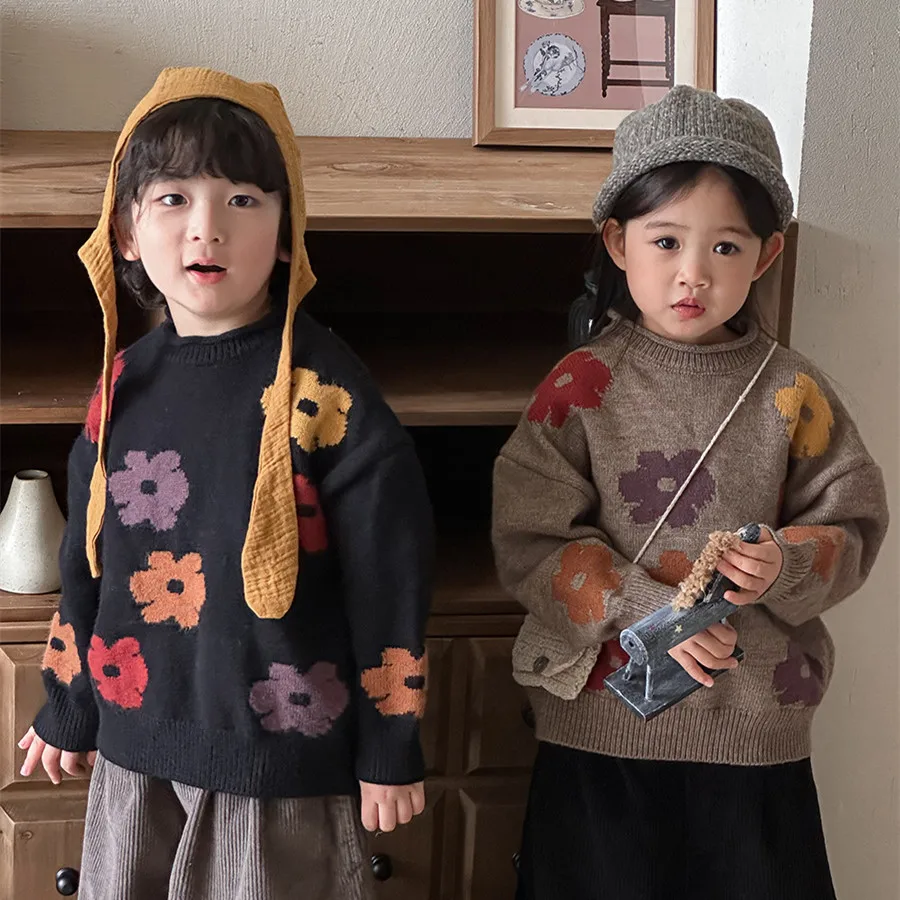 2026 New Autumn Unisex Children Flowers Knitted Sweaters Retro Baby Boys Girls Pullovers Sweater