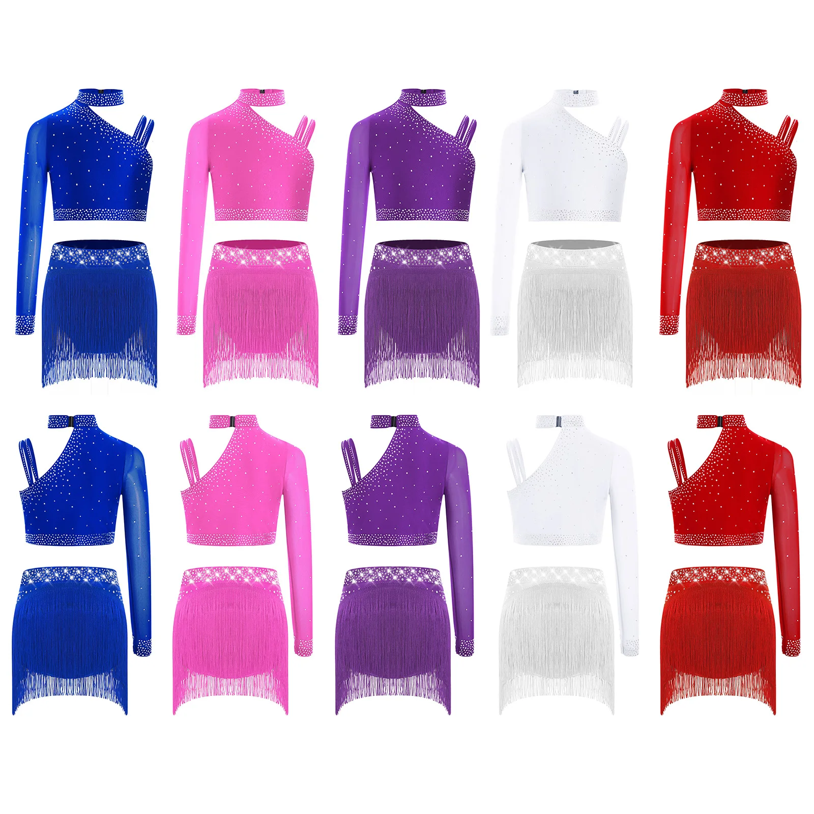

Kids Girls Latin Tango Chacha Dance Performance Costume Outfits Unique Shoulder Sparkly Rhinestones Crop Top with Fringe Skirted