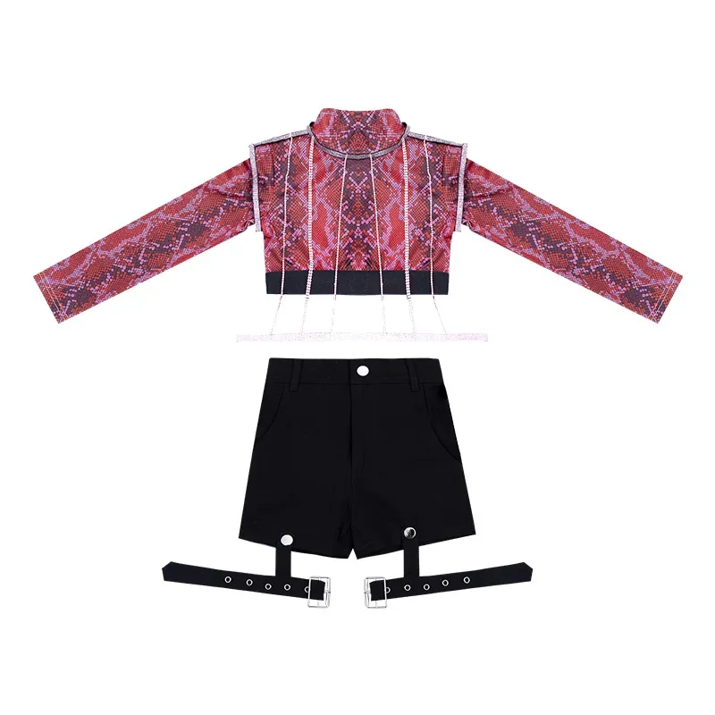 ZZL K-pop Stage Outfit for Girls 2 Pcs Rose Red Black Costume Jazz Dance Hip-hop Fashion Clothes Catwalk Performance Wear