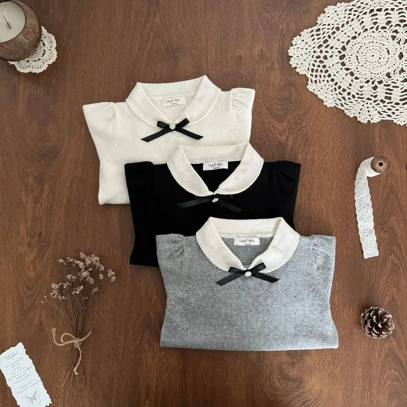 New Kids Baby Girl Autumn Winter Clothes Kawaii Collar Princess Knitted Sweater Cute Bow Cotton Jacquard Base Layer Top Cotton