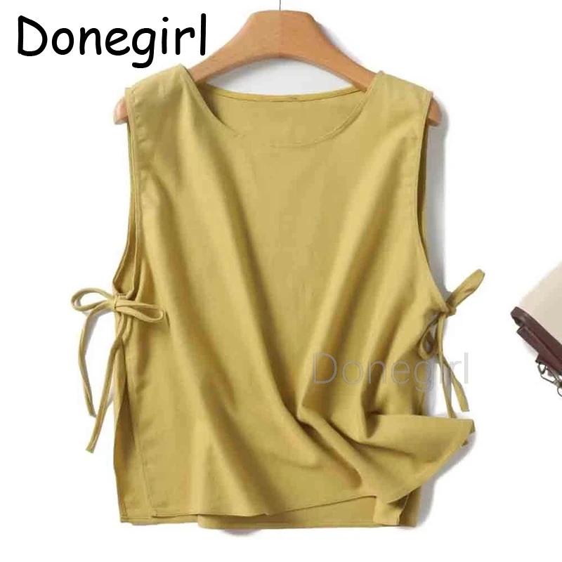 Donegirl Women 2024 Summer New Fashion Split Sleeveless TShirt Chic Round Neck All-match Shirt Top Mujer