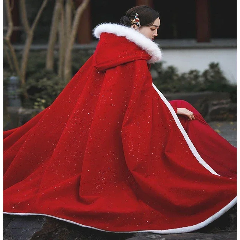 Beautiful Adult Hanfu Red Women Ancient Traditional Cosplay Cloak Cape Fall Winter Overcoat Chinese Style Wedding Party