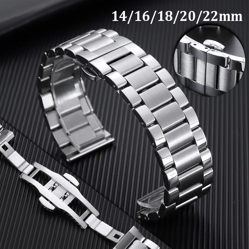 

14 16 18 20mm 22mm Universal Solid Stainless Steel Strap Metal Watch Band Women Men Business Wristband Silver Bracelet with Tool