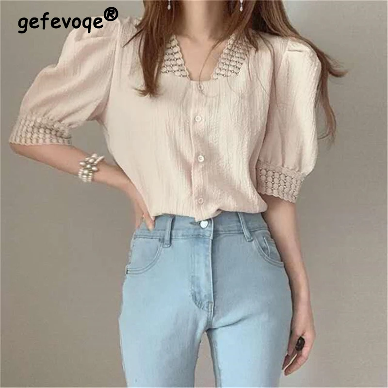 Women Korean Fashion Lace Patchwork Shirts Vintage Elegant Chic V Neck Puff Short Sleeve Blouses Summer Casual Sweet Solid Tops