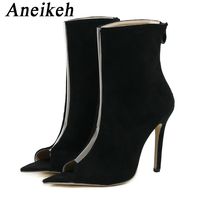 Aneikeh 2024 Spring New Classics Black Open Toe Thin High Heel Women ShoesBack Zippers Gladiator Party Dress Career Ankle Boots