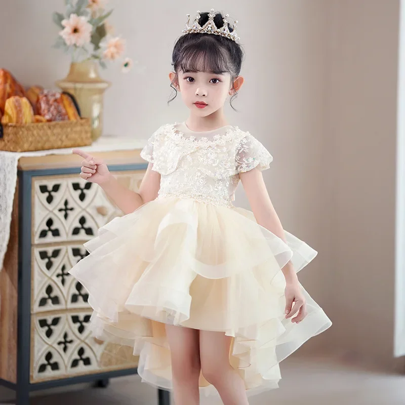 

Children's Princess Birthday Dress Tailed Mesh Dress New Little Girl Wedding Dress Princess Dresses Fluffy Skirt