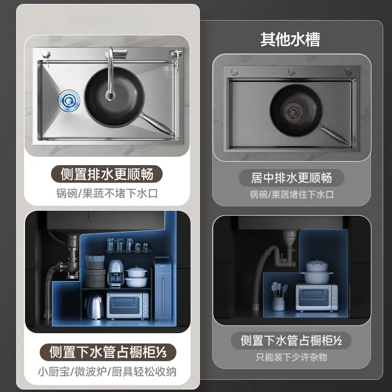 Left Drainage Brushed 304 Stainless Steel Kitchen Sink 4mm Thickened Large Single Bowl Uncoated Primary Color Vegetable