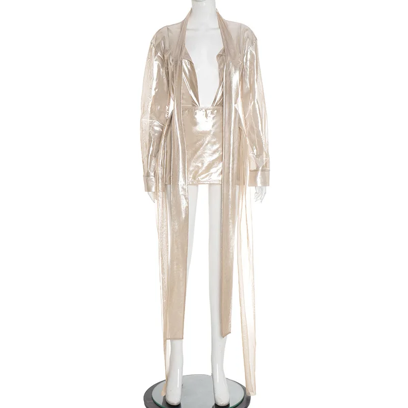 Gilding 2 Piece Set Ribbons Lace Up Deep V Neck Long Sleeve Shirts Top + Bodycon Mini Skirts Women Shiny Party Clubwear Suits