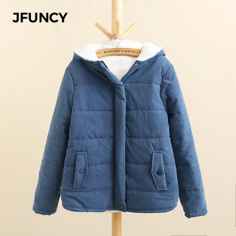 JFUNCY Women Winter Parkas 2022 Fashion Women\'s Jackets Fleece Hooded Windproof Warm Velvet Female Cotton Coat Pink Blue Khaki