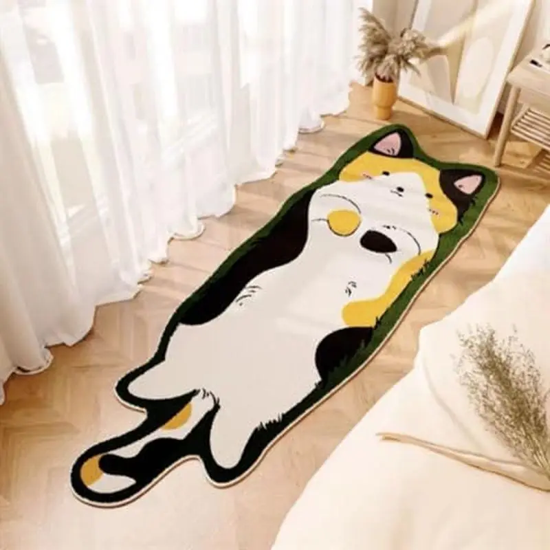 VIKAMA Cute Tricolor Cat Shaped Long Runner Rug Washable Non‑Slip Cartoon Pet Mat For Bedroom Bedside Sweet Home Decor