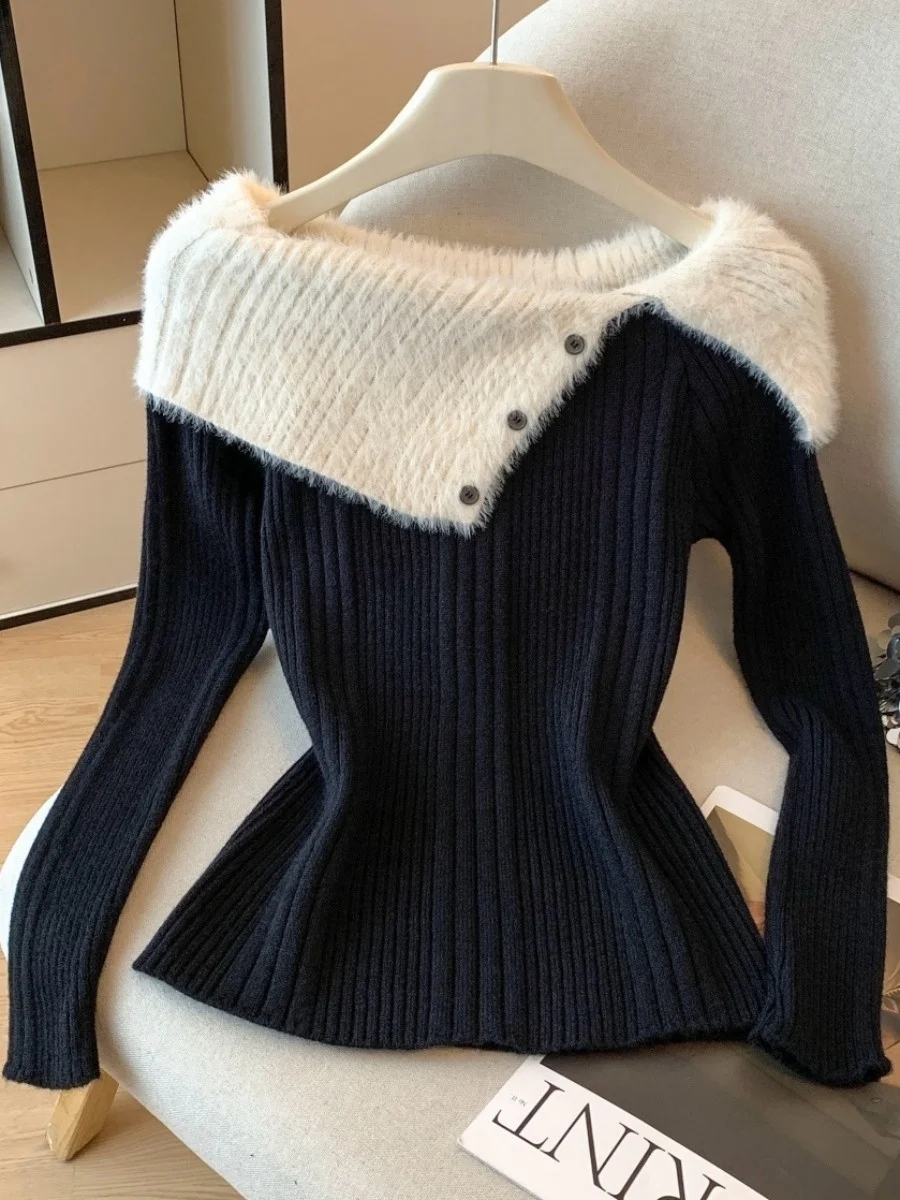 Oulder Bared Long Sve-suéter de punto ajustado para mujer, versión coreana, elemento de botón, fino Regular