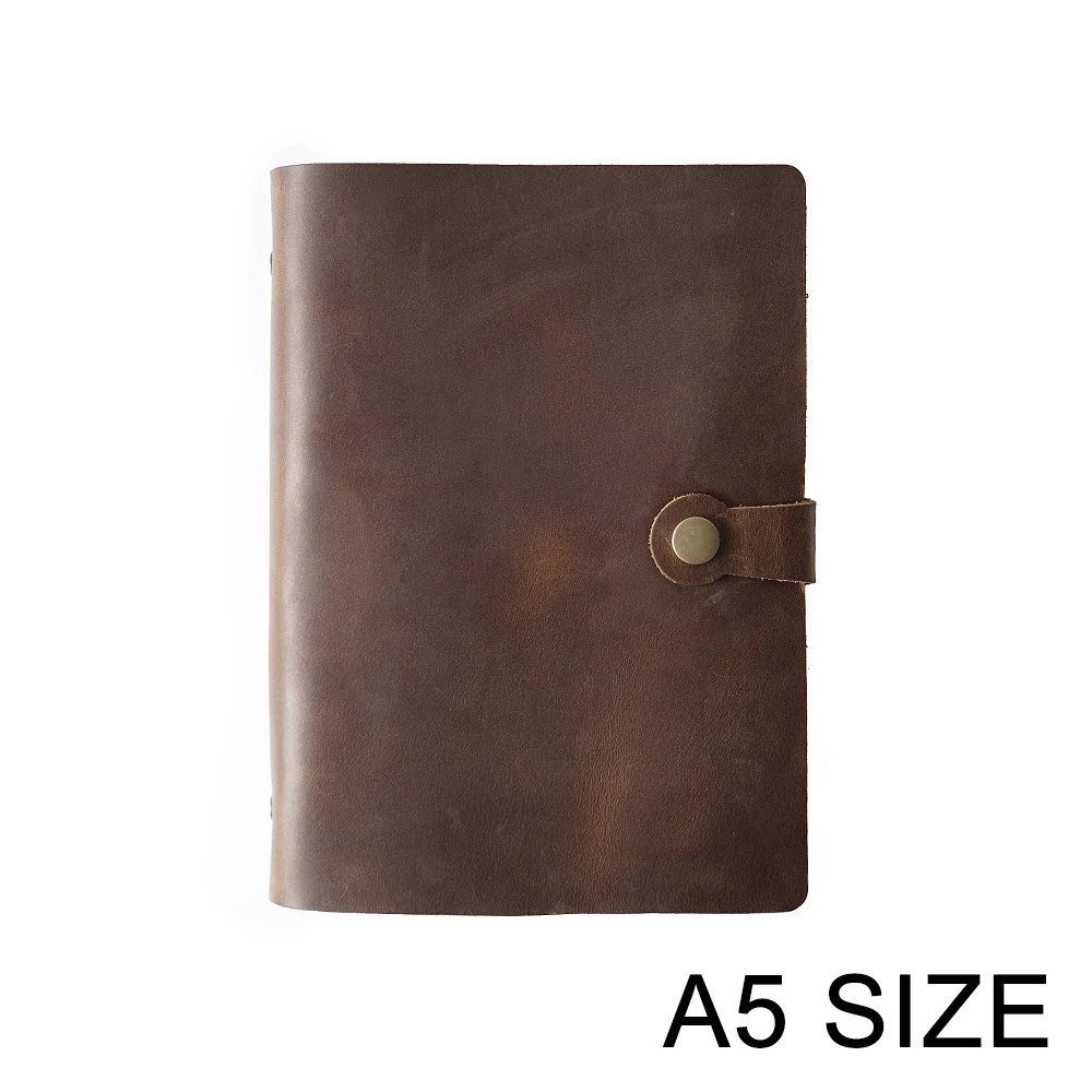 Top Fashion Genuine Leather Rings Notebook A5 Planner With Brass Binder Spiral Sketchbook Snap Button Personal Diary Stationery