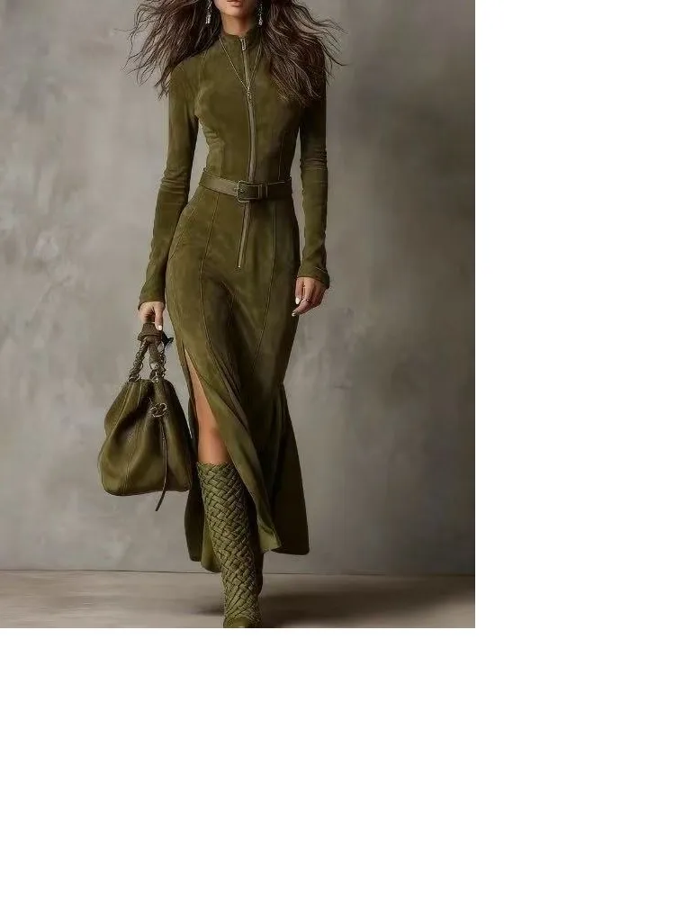 Spring Fall Women Bodycon Velvet Long Dress 2025 New Slim Elegant Office Lady Velour Dresses Casual Splicing Maxi Party Dress