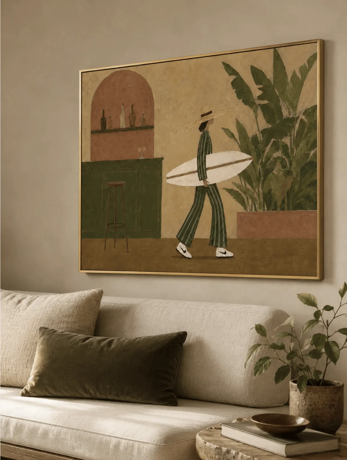 Boho Surfer Woman Surfboard Wall Art Canvas Prints, Tropical Retro Posters, Earthy Decor for Living Room Bedroom Entryway Decor
