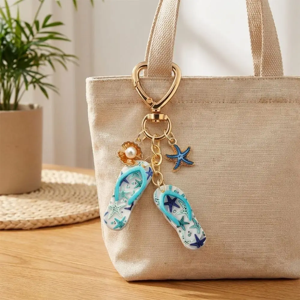 Acrylic Flip Flop Starfish Keychain Heart Clasp Anti-fade Summer Beach Pearl Keyring Portable Funny Starfish Shell Pendant