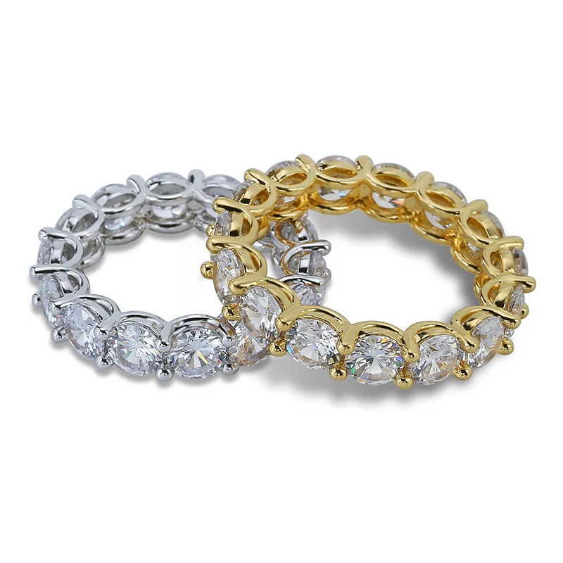 Hip Hop Bling Iced Out AAA Cubic Zirconia Tennis Chain Rings Women Men 1 Rows CZ Lover Ring Male Female Jewelry Gold Color