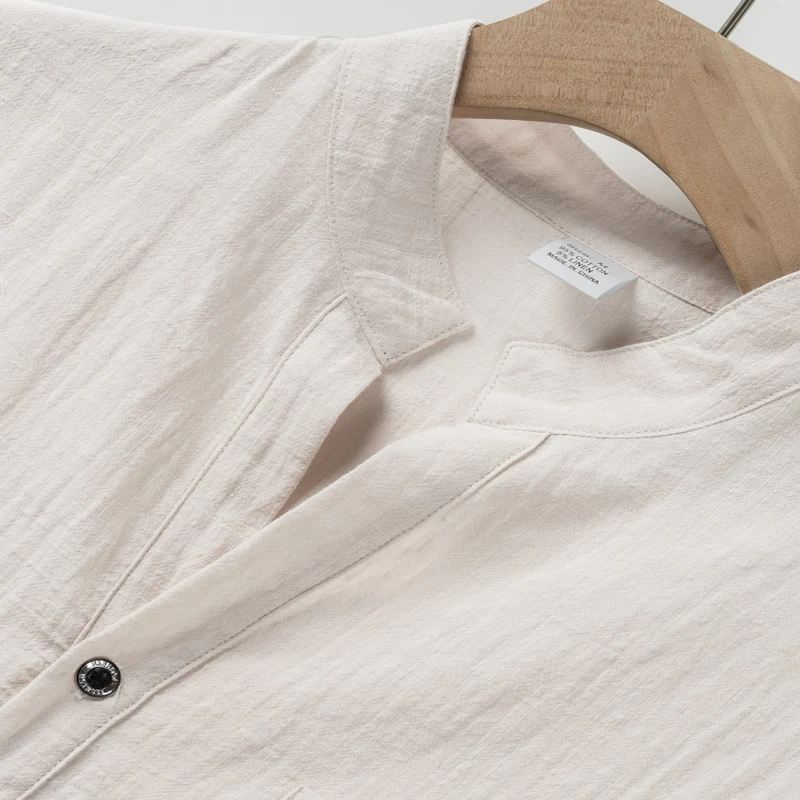 Herren-Henley-Shirt mit Stehkragen, Kurzarm, Baumwoll-Leinen-Mischung, Brusttasche, Atmungsaktiv, Sommer, Alltag, Reise, Strand, Freizeit-Oberteil – Detail 17