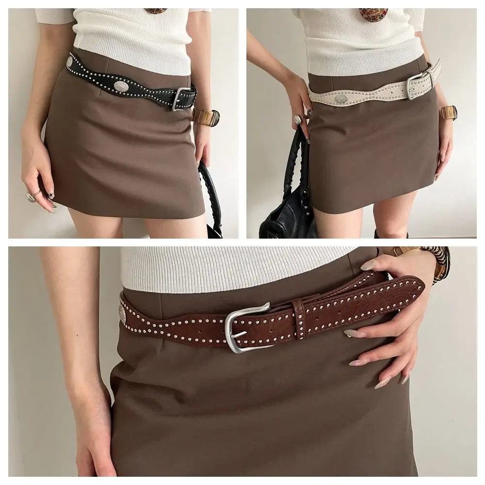 Retro maillard feminino rebite cinto vintage fivela de metal cintura larga jeans cinto y2k estilo punk cinto masculino