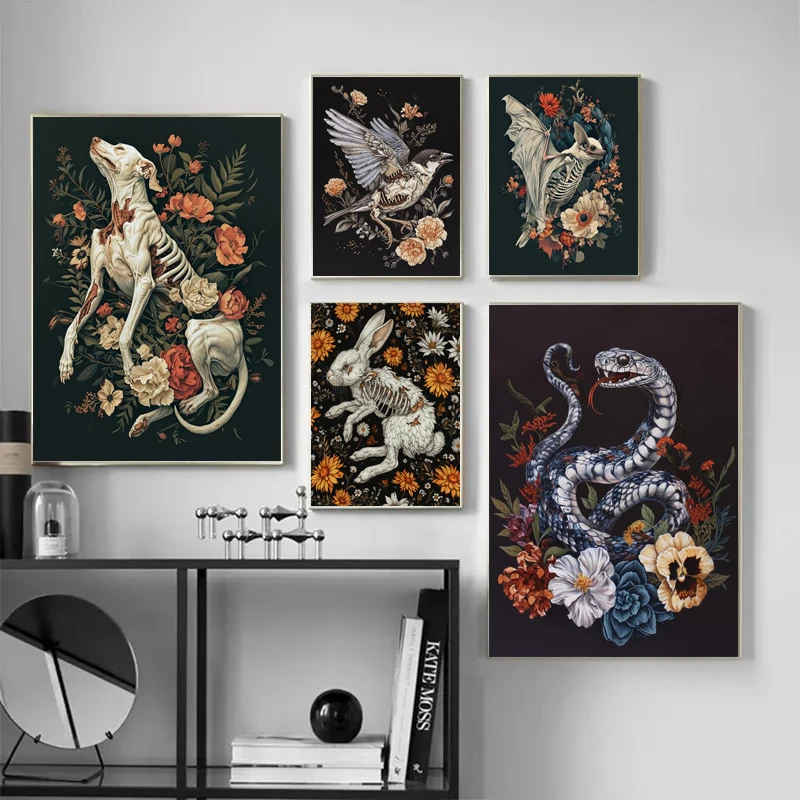 Classic Retro Dark Art Floral Dead Crow Skeleton Gothic Animal Poster Canvas Printing Home Room Wall Decor Frameless Painting