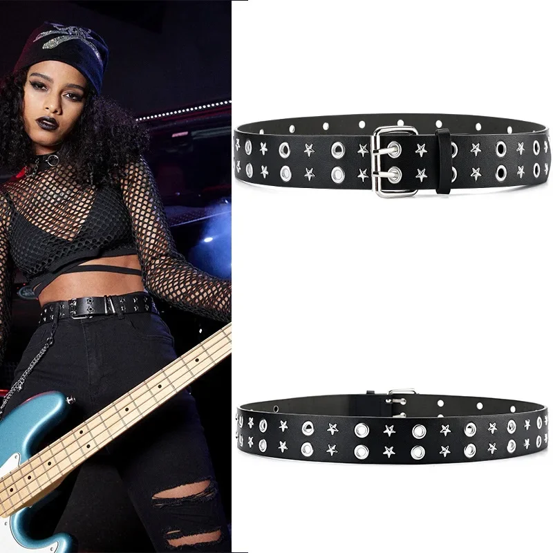 Punk Rock With Double Row Pin Buckle Studded Belt Star Rivet Belt for Women Men Dress Jeans Ceinture Femme Dropshipping