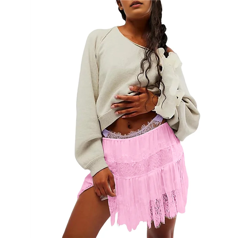

ABP-Women's Y2k Half Slip Skirt Low Rise Pleated Ruffle Lacetrim Skirt Layered Flowy Short Skirts Underskirt