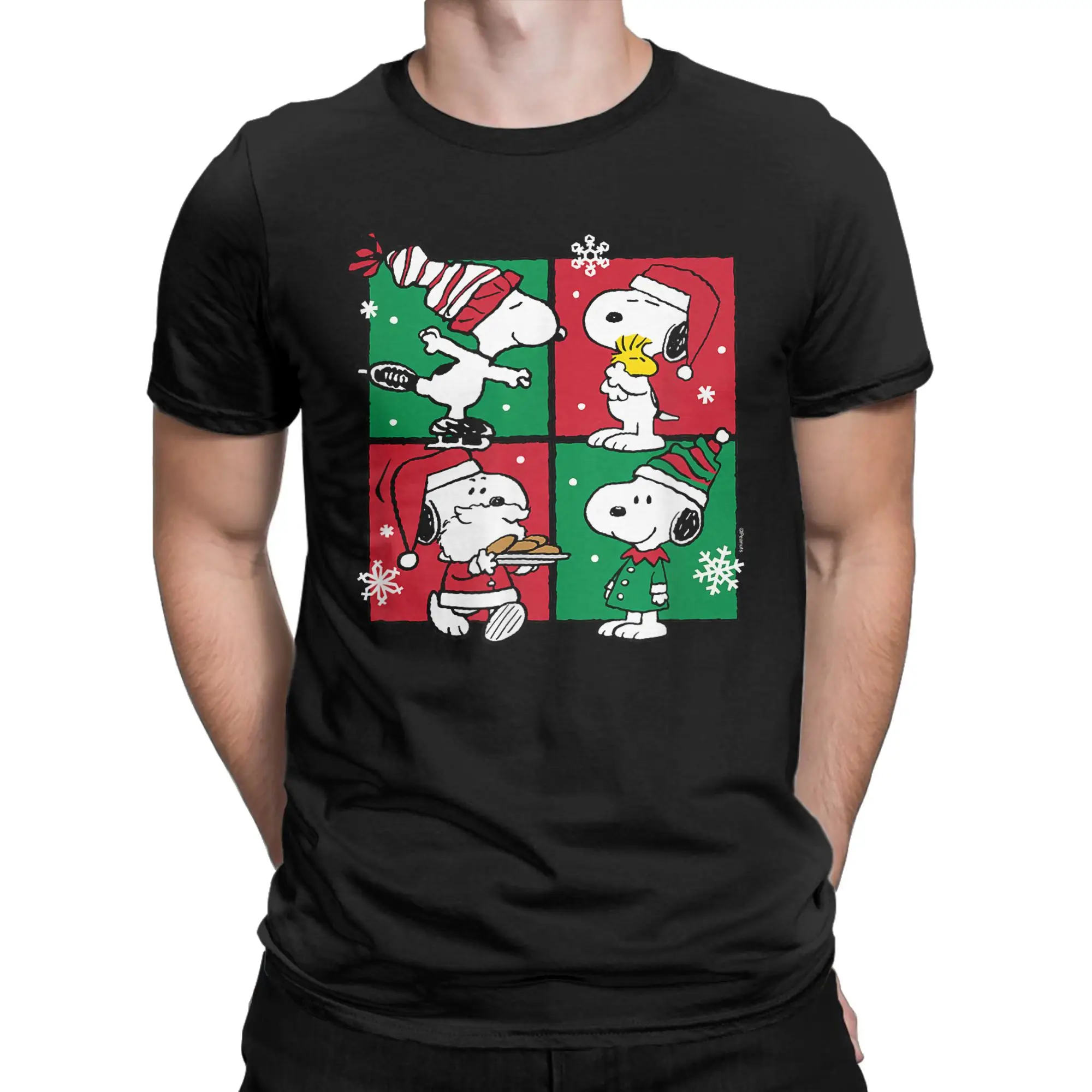 Men's T-Shirt Snoopy Christmas Grid Casual Pure Cotton Tees Short Sleeve  T Shirt Round Neck Tops 6XL