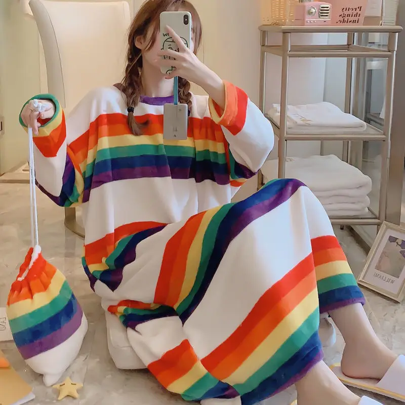 

Nightgowns Women Flannel Velvet Striped Kawaii Round Neck All-match Sleepwear Womens Loose Cute Chic Soft Breathable Ulzzang New