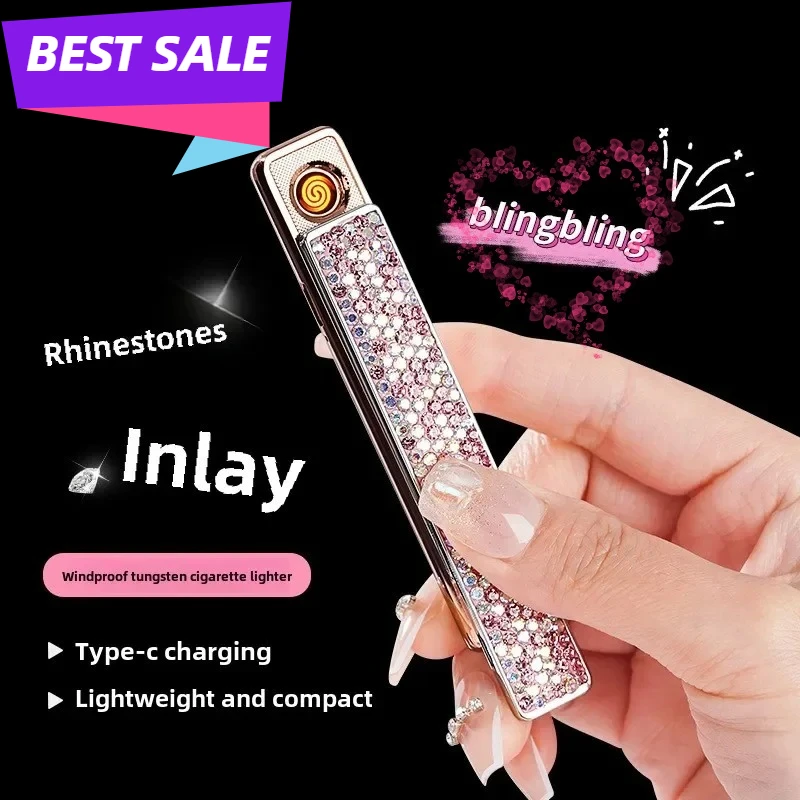 

Электрическая USB-зажигалка со стразами, ультратонкая, портативная, ветрозащитная, с вольфрамовой катушкой, миниатюрная, подарок для женщин