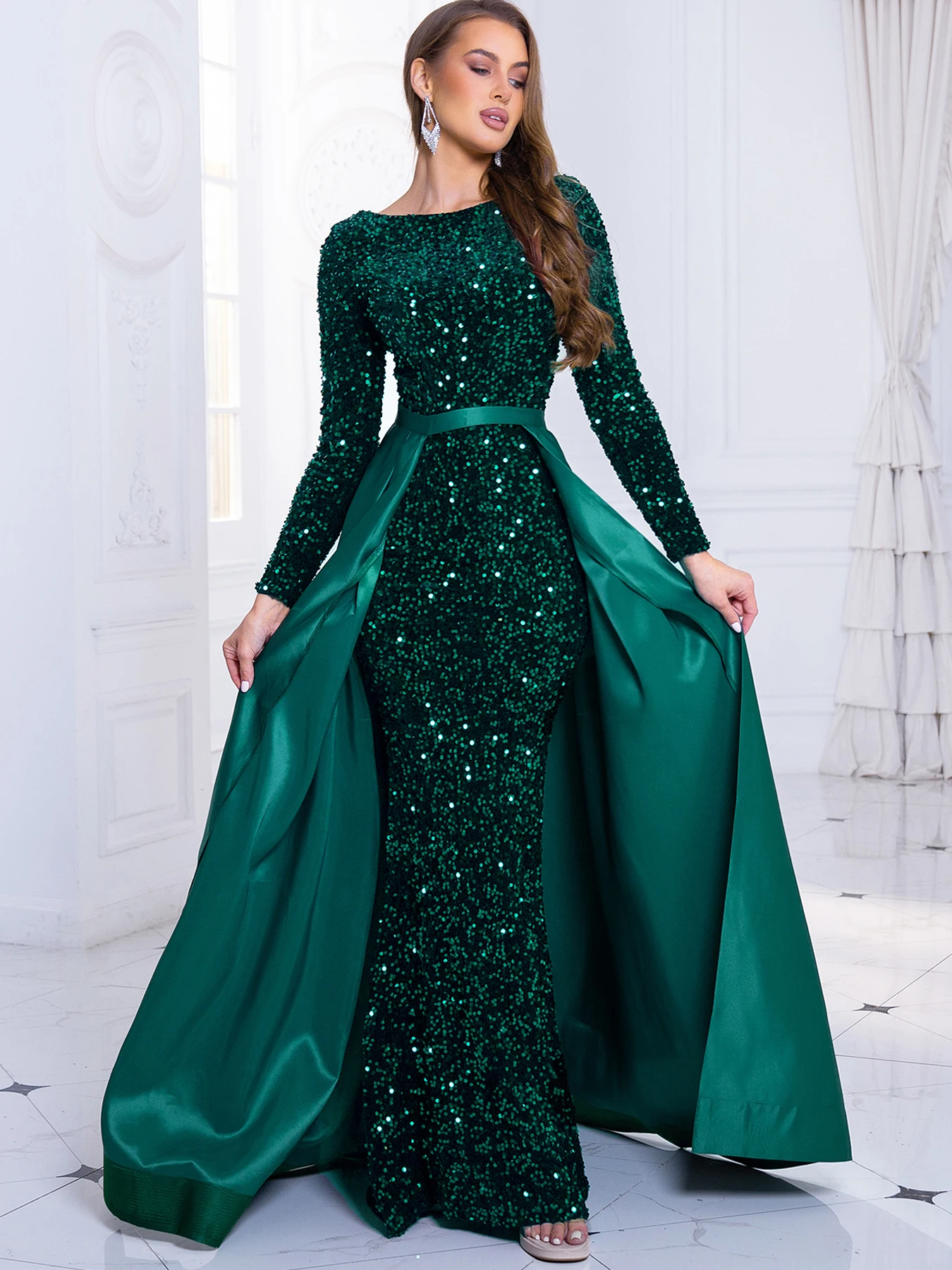 O Neck Long Sleeve Stretch Sequin Evening Party Dress Floor Length With Detachable Lace Up Skirt Elegant Formal Prom Gown Green