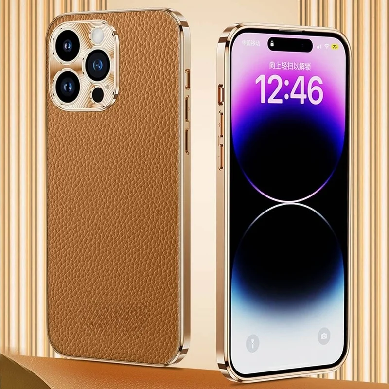 High-end Metal Lens case Pebbled Leather Phone Case Electroplated Cowhide Suitable For iPhone 13 14 pro max 15 plus