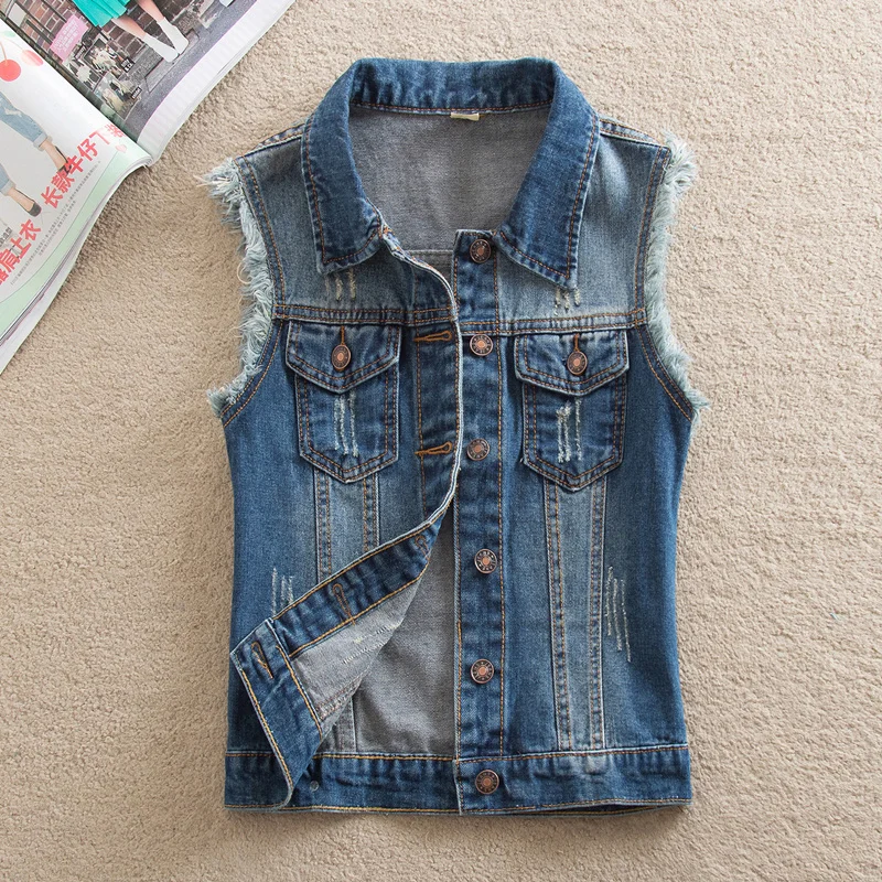

Vintage Women Denim Vest Turn Down Collar Single Breasted Sleeveless Jean Jackets Spring Autumn Slim Casual Short Outerwear