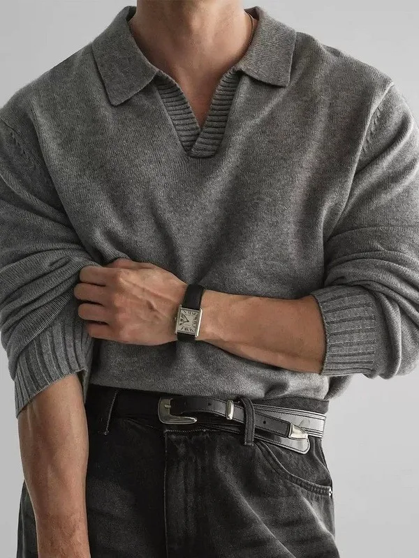 

Retro Knitted Sweater Collared Loose Fit Men's Casual Fitn Top Simple American Sle Polyester Fiber Long Sve Thermal