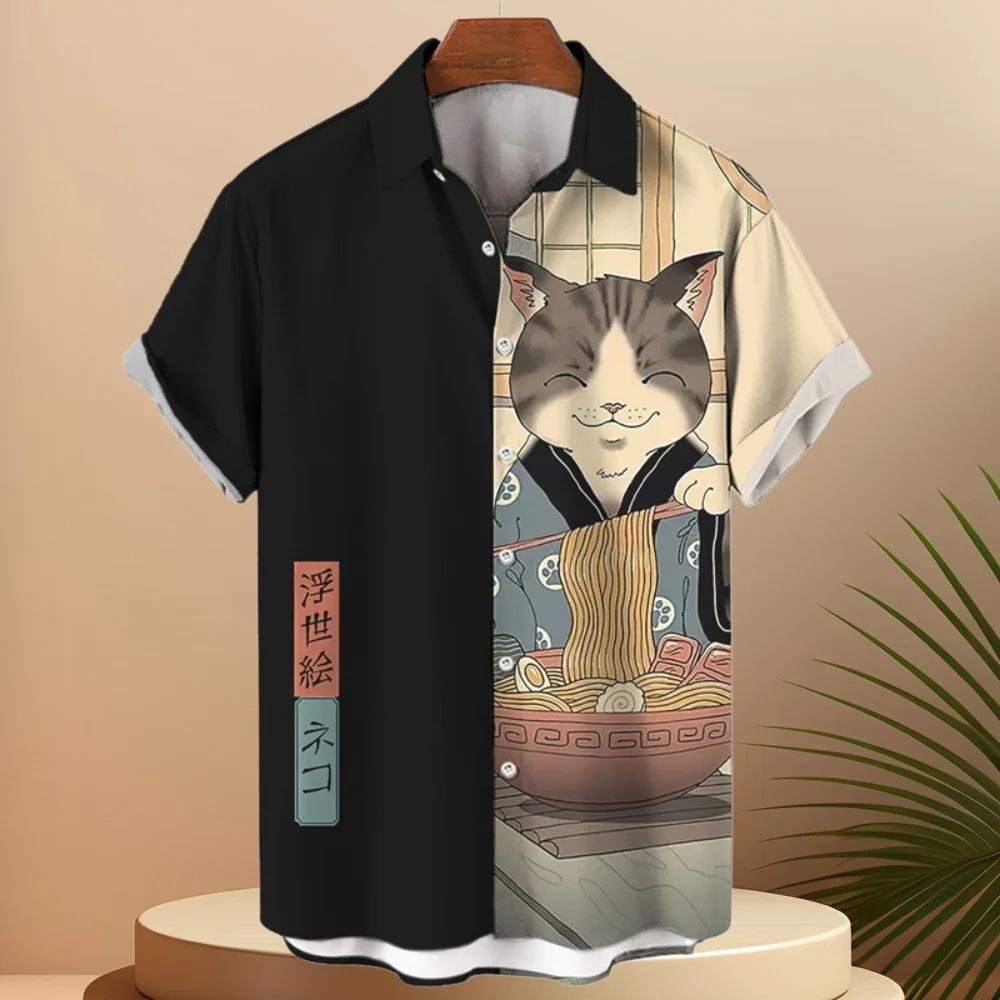 

Men's Shirts Japanese Samurai Cat Art 3D Print Casual Harajuku Top Summer Men Short Sleeve Shirts Y2k Fashion Men's Clothing