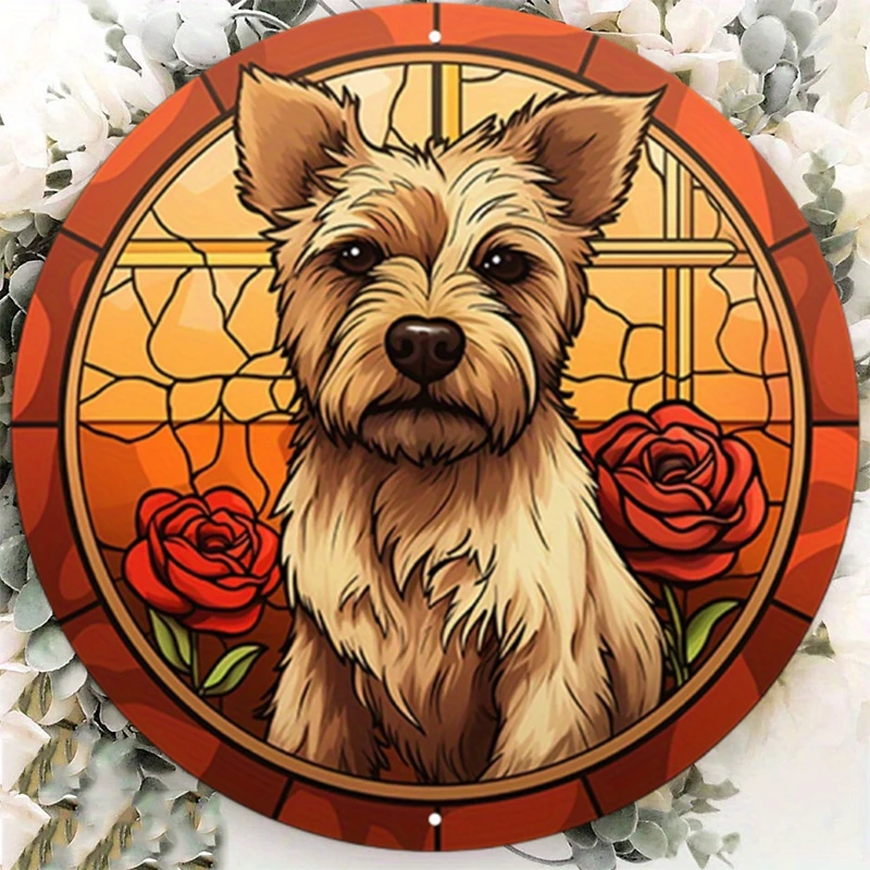 

Aluminum Metal Sign the Terrier is Pictured in Front of the Stained Glass Window, Rounded Gemstone, 8x8in, 1PC