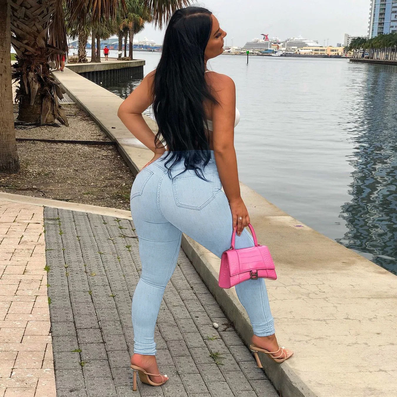 Pantaloni a matita in denim Jeans da donna Tasche a vita alta elasticizzati Pantaloni skinny alla caviglia lavati effetto consumato Streetwear 2025