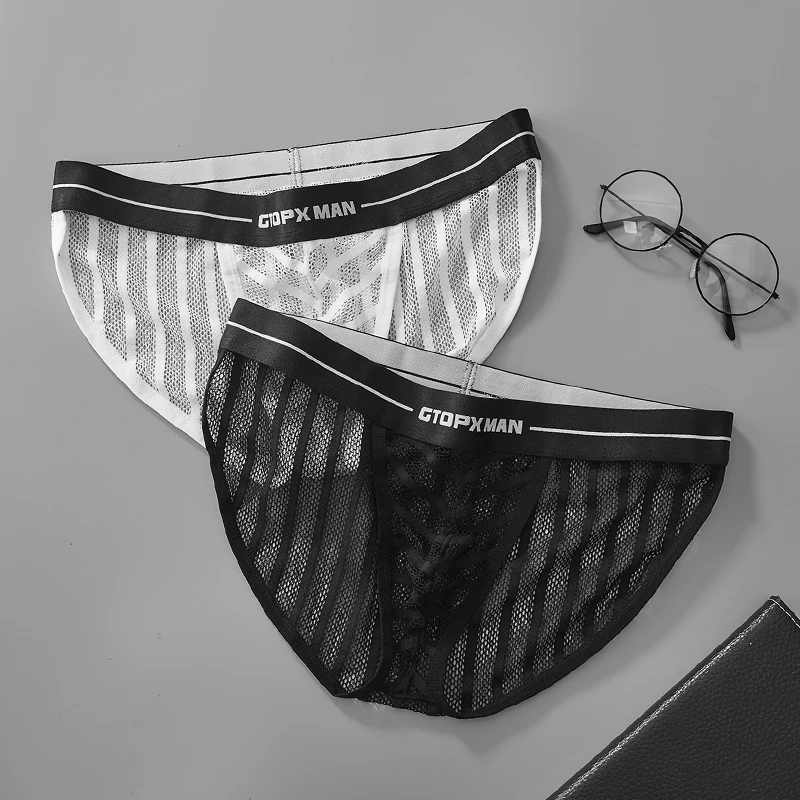 

GTOPX MAN Sexy Striped Ice Silk Me Underwear Low Waist Briefs Summer Thin e Pants Breathable Cool Feeling Polyester ...