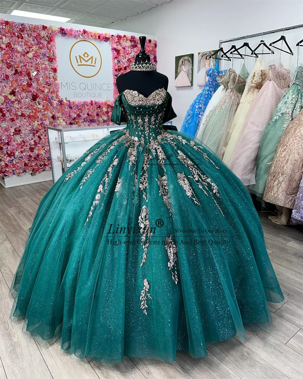 Elegant Green Ball Gowns Quinceanera Dress With 3D Flowers Lace Appliques Sweet 16 Gown Birthday Off Shoulder Vestido De 15 Anos