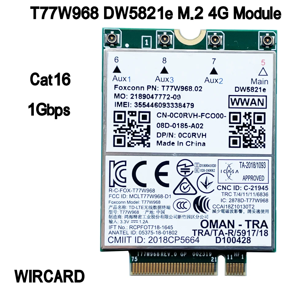 

New WIRCARD T77W968 DW5821e X20 LTE Cat16 1Gbps FDD-LTE TDD-LTE 4G Module For Dell 5420 5424 7424 7400 Laptop