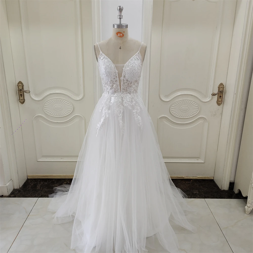 ZJ6017 Customized A-Line Tulle Wedding Dresses Court Train Bridal Gowns with Appliques robe de soiree femme Beach Wedding Dress