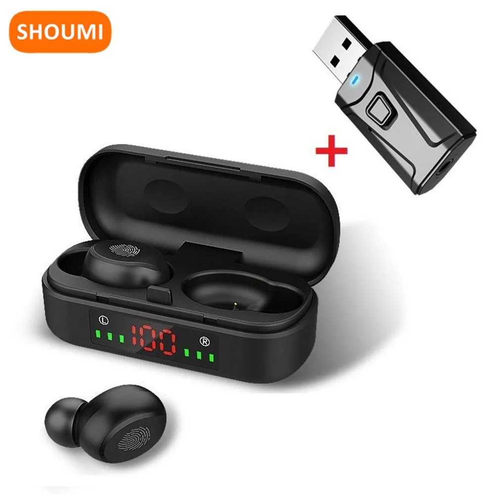 Shoumi Tws Earbud Wireless Bluetooth Headset Touch Control Sweat-Proof Earplug with Mic USB Adapter for Television Phones Music