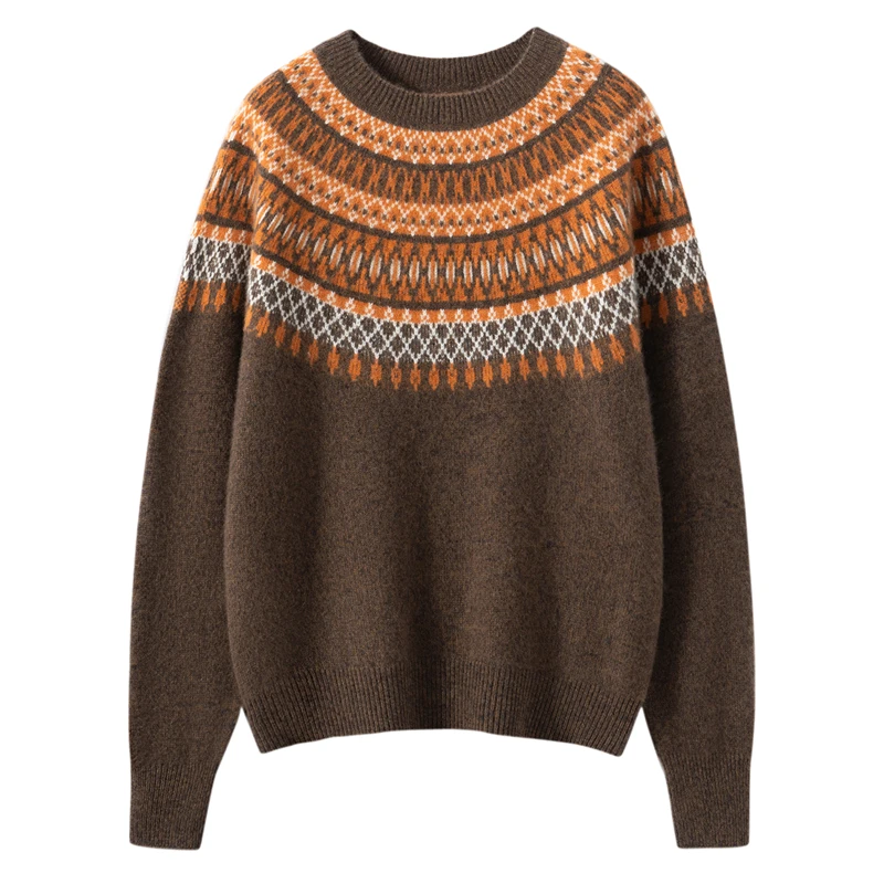 100% Geit Kasjmier Vrouwen Vintage Stijl Ronde Kraag Trui Faire Isle Jacquard Trui Herfst Winter Pure Kasjmier Trui