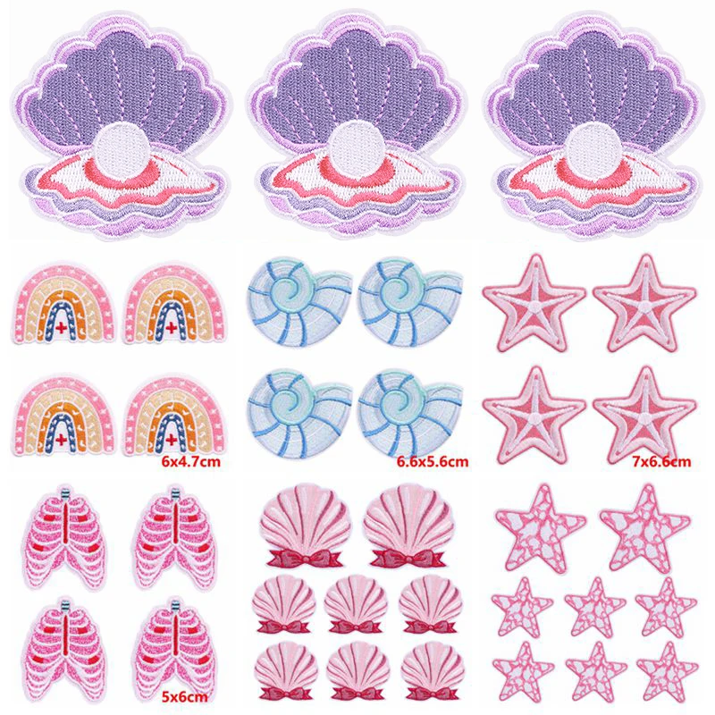 5PCS Wholesale Shell Starfish Patches On Clothes Rainbow Embroidery Patch for Clothes DIY Iron On Patches For Clothing Sew Badge