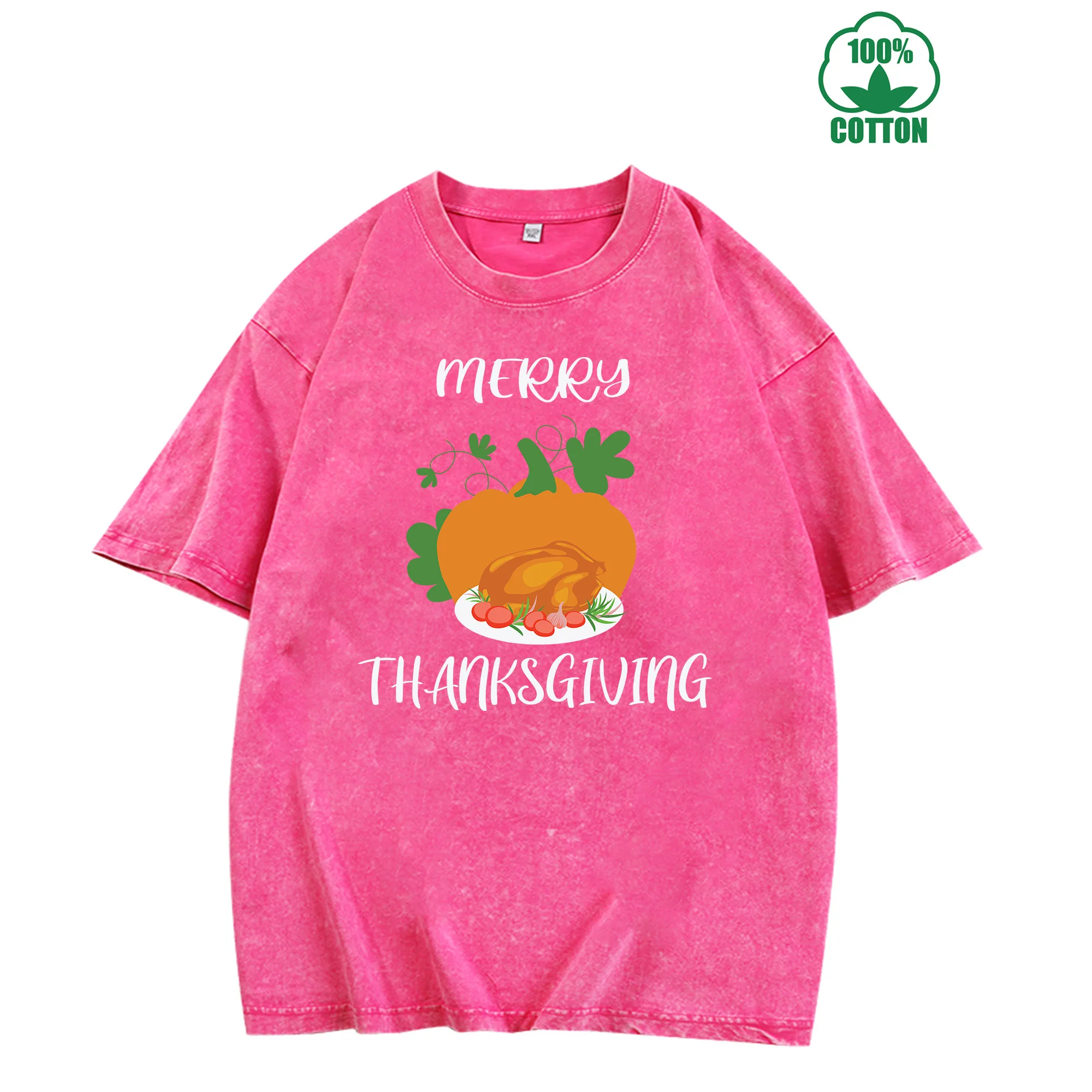 تي شيرت Merry Thanksgiving Vintage مغسول 230 جرام 100% قطن للجنسين مريح كبير الحجم ملابس الشارع