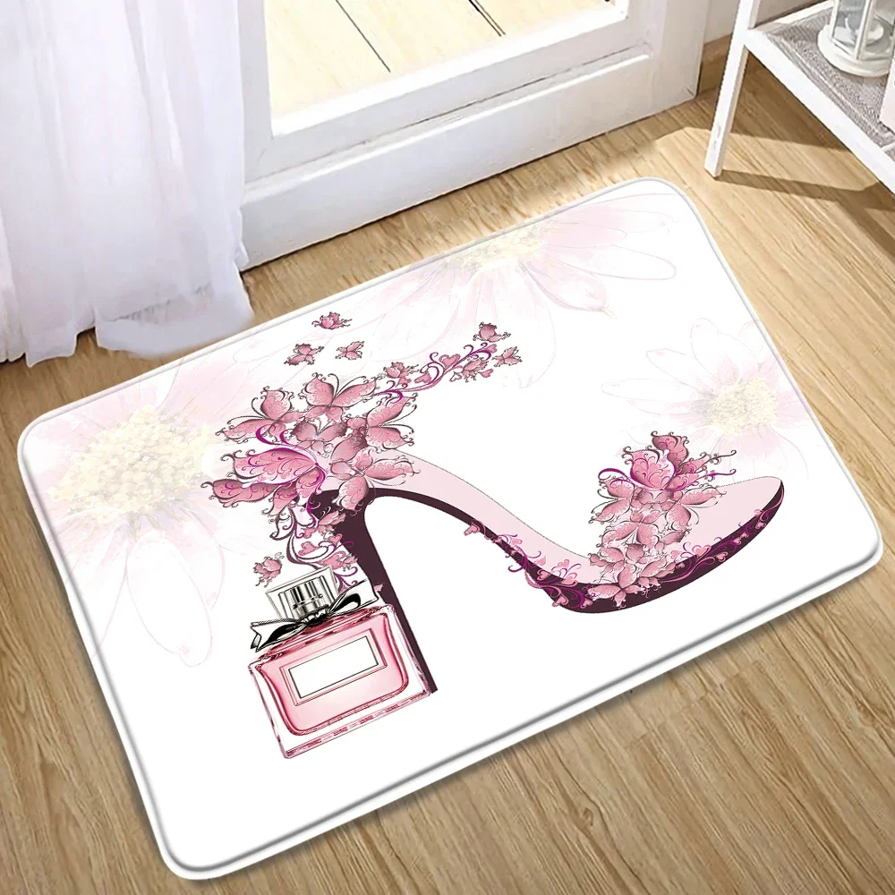 Perfume High-heeled Pattern Flannel Bath Mat Toilet Carpet Door Mat Bathroom Non-slip Rug Kitchen Bedroom Floor Outdoor Doormat