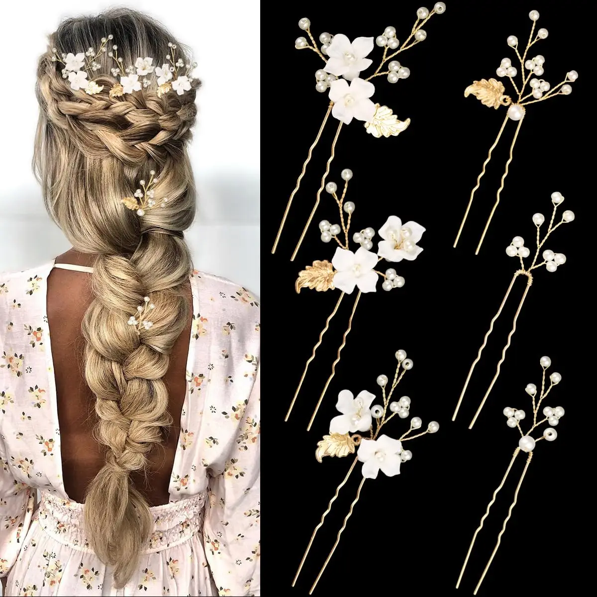 

6Pcs Flower Pearl Wedding Hair Pins, Handmade Gold Leaf Bridal Hair Styling Pins Headpiece for Brides Bridesmaids