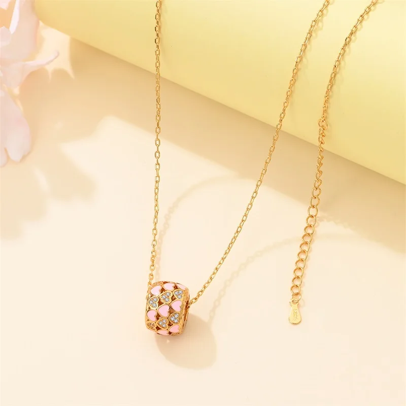 

Classic Golden Chain Necklace 100% 925 Sterling Silver Original Pink Heart Pendants For Women Fine Jewelry Valentine's Day Gifts